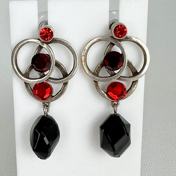 Chicos Antique Silver Red Black Pendant Necklace Earrings Matching Set - Picture 10 of 12